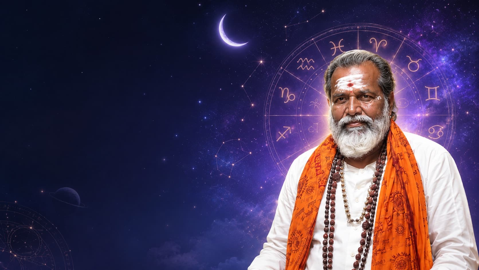 Vedic astrologer framed by a golden zodiac wheel