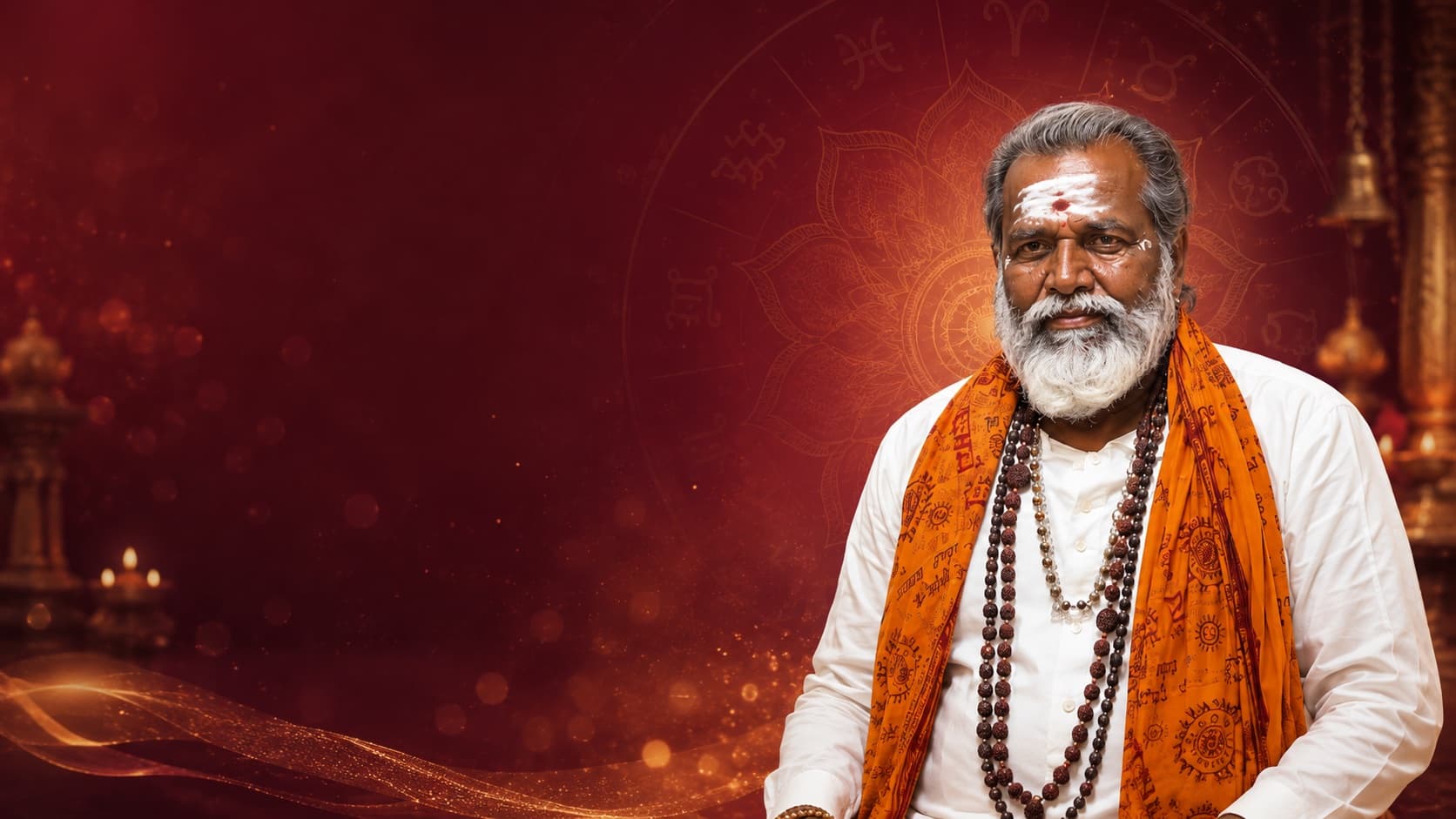 Vedic astrologer beside a traditional zodiac wheel